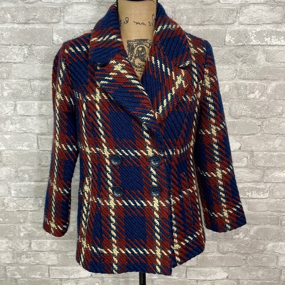Modcloth Blue and Burgandy Plaid Pea Coat